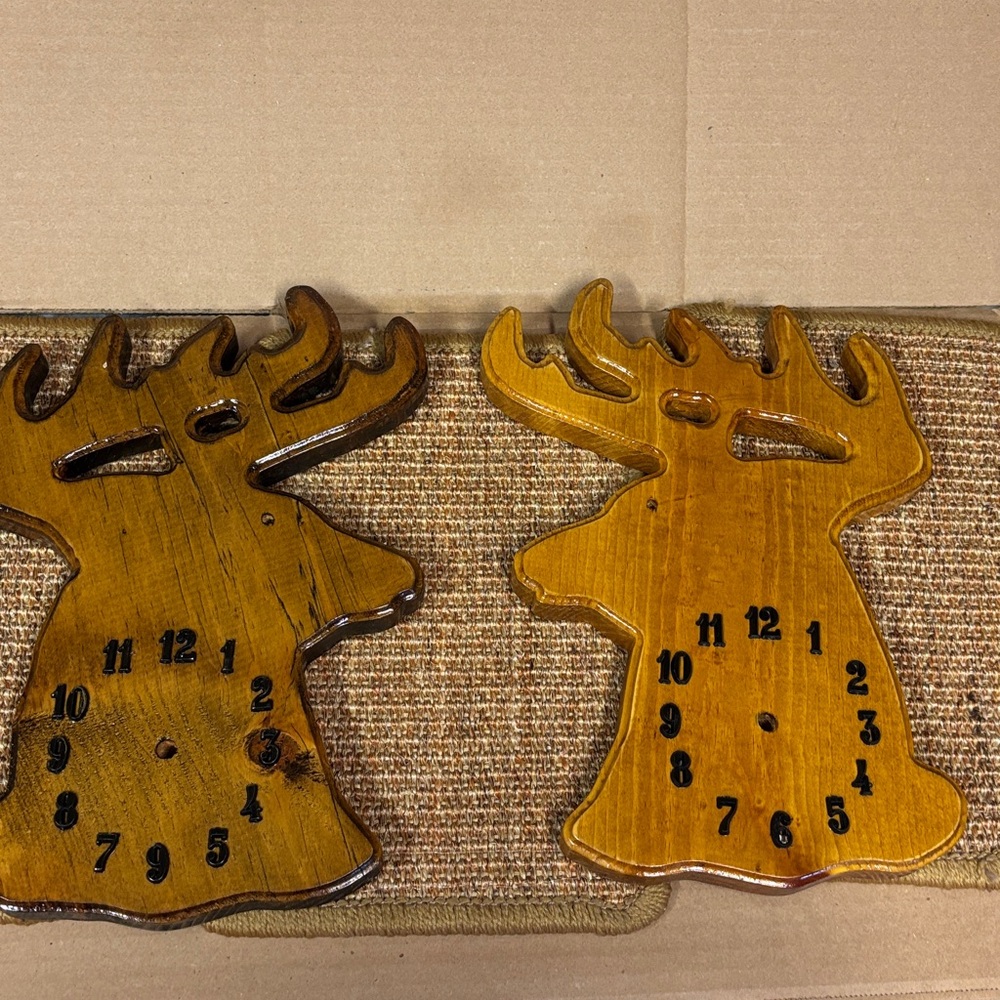 2 Stained Pine Wood Deer Head Wall Clock Faces without clock mechanism. DIY